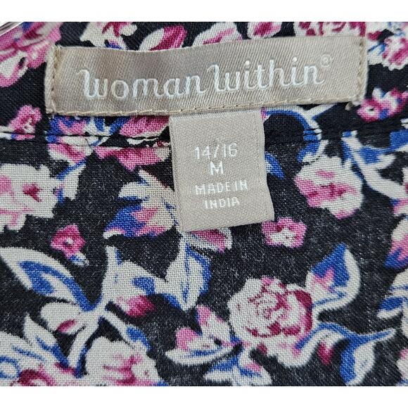 WOMAN WITHIN Women 14 16 Tunic Top Peasant Floral Purple Blue Pink Button Up 40" - Picture 3 of 7